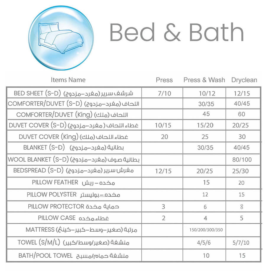Bed and bath stuffs laundry pricelist